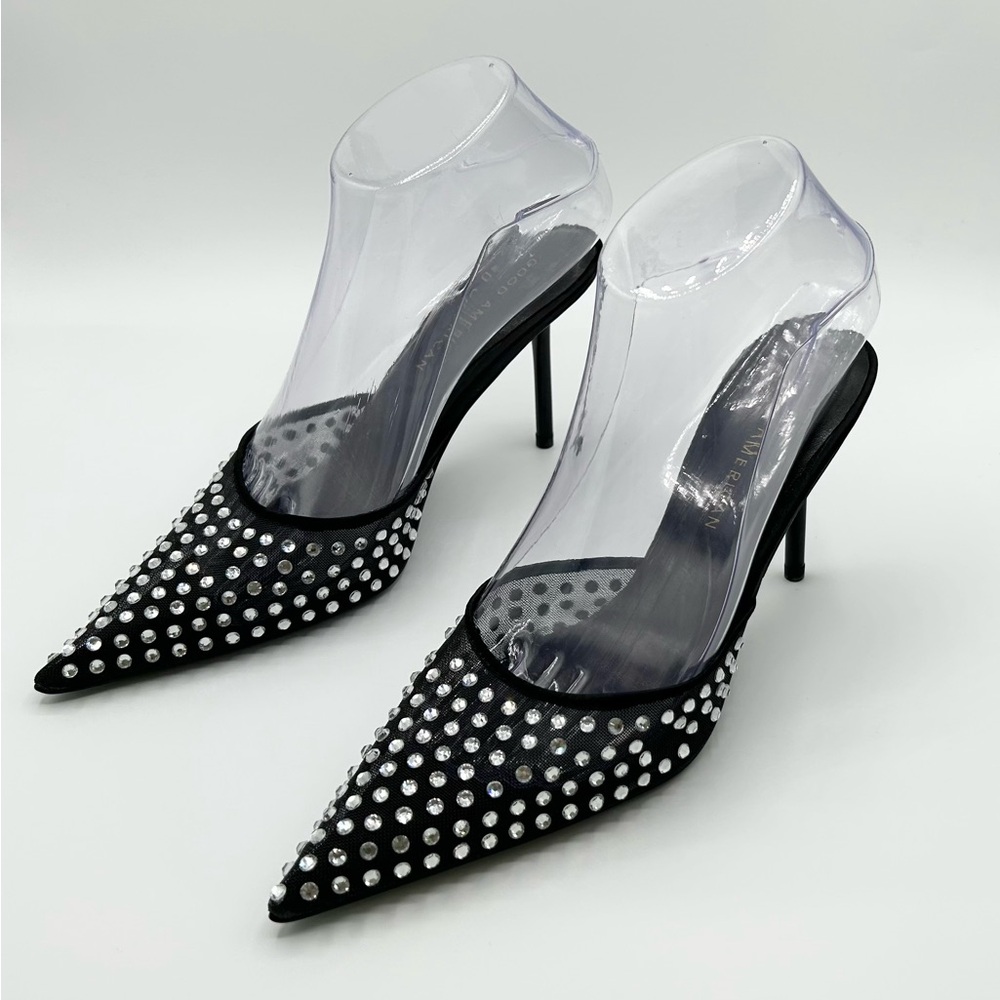 Good American Black Rhinestone Pointed Toe Heels Mules New Women’s Size 6.5